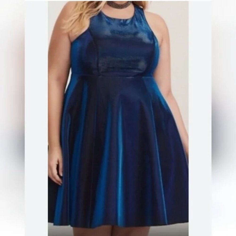Like New Torrid Iridescent Metallic Blue Fit & Flare Racerback Skater Dress - Picture 2 of 5